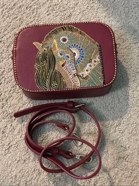 Burgundy Embellished Horse Crossbody Bag